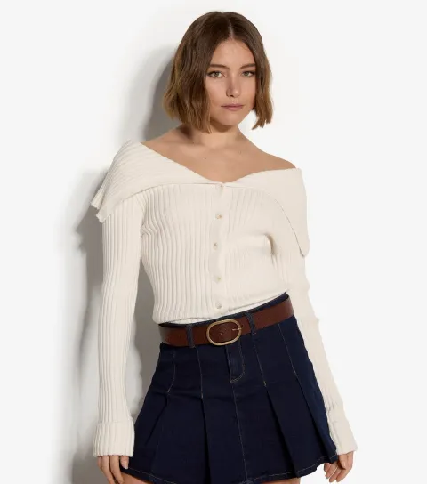 Cream Ribbed Folded Collar Cardigan