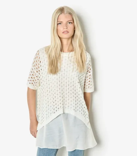 White Mesh Layer Open Knit Tunic Top