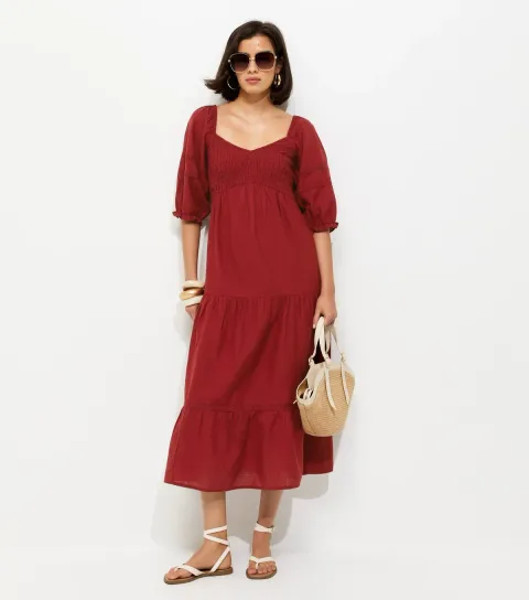 Red Shirred Milkmaid Midi Dress