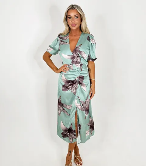 Mint Green Floral Ruched Midi Dress