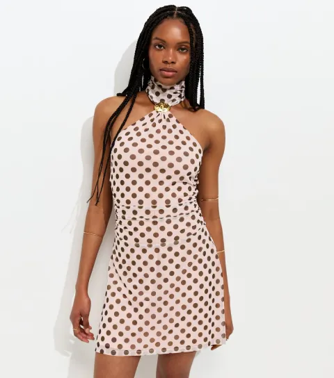 Pink Polka Dot Halter Neck Mesh Mini Dress