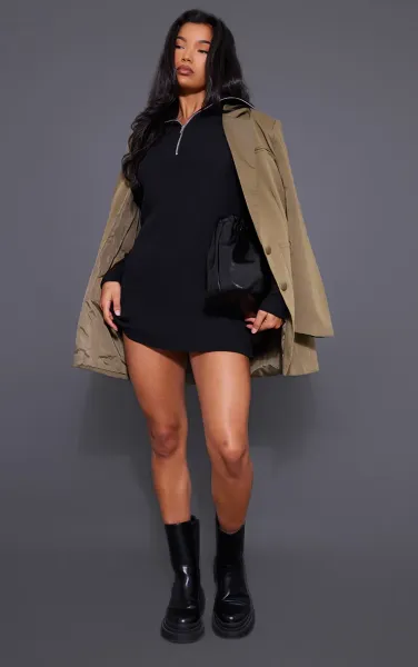 Black Rib High Neck Half Zip Oversized Jumper Dress