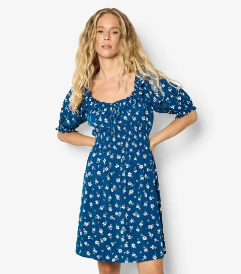 Blue Floral Print Frilly Trim Mini Dress