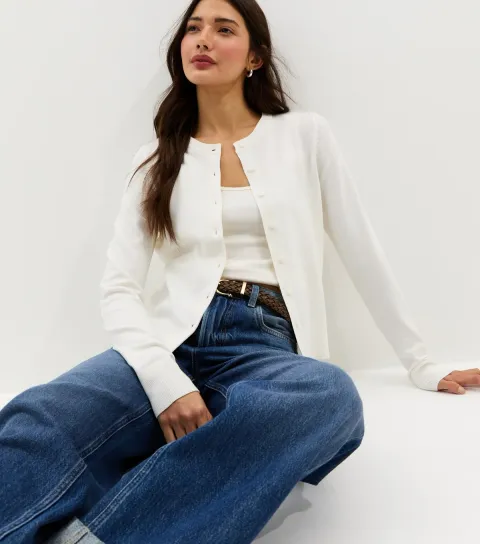 White Knit Crew Neck Button Up Cardigan