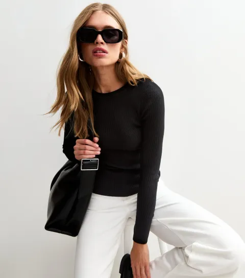 Black Ribbed Crew Neck Jumper