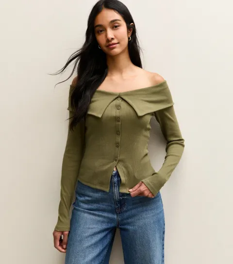 Dark Khaki Folded Bardot Neck Button Up Top