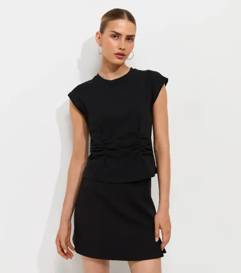 Black Cotton Rich Ruched Waist Cap Sleeve T-Shirt