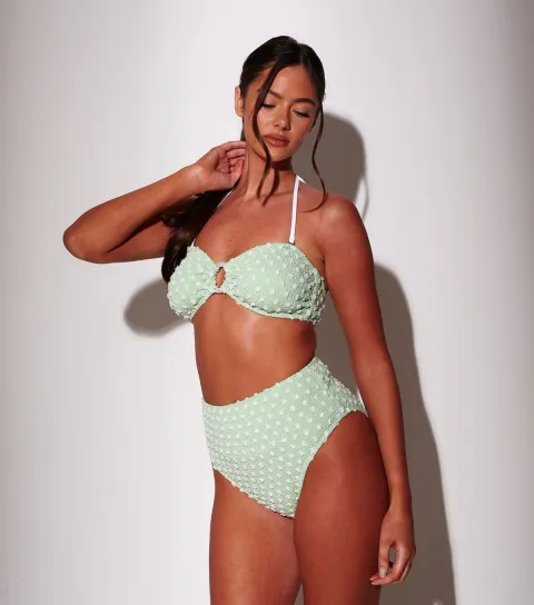 Green Textured High Waist Bikini Briefs