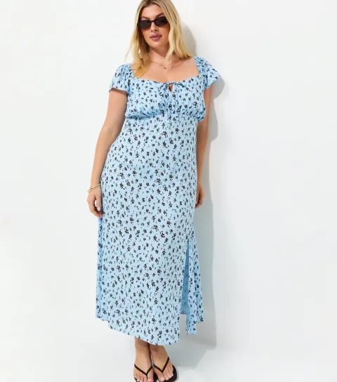 Plus Size Blue Ditsy Print Square Neck Midi Dress Curves