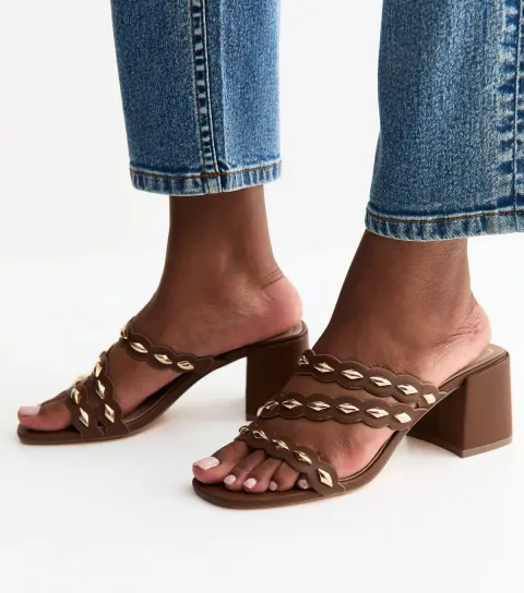 Tan Scalloped Strap Block Heel Mules Vegan