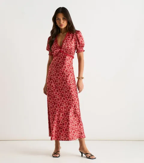 Red Floral Lace Trim Midi Dress