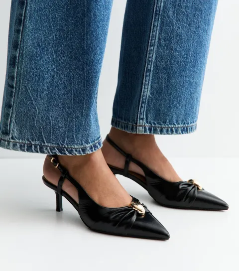 Black Faux Leather Ring Slingback Court Shoes Vegan