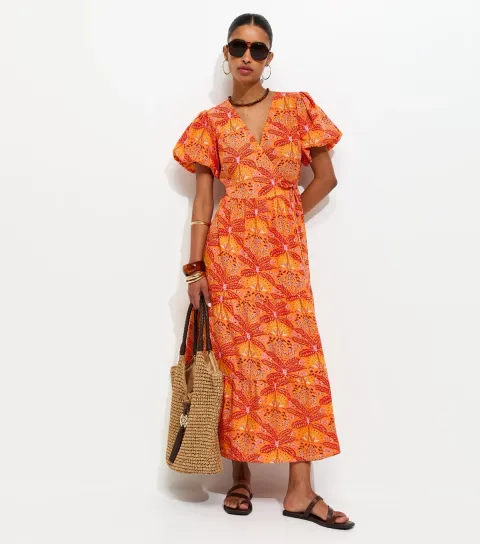 Orange Crepe Tropical Pattern Wrap Midi Dress