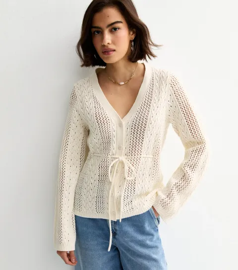 Cream Cotton Rich Stitchy Knit Tie Waist Cardigan