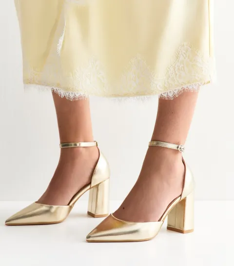 Wide Fit Gold Faux Leather Ankle Strap Court Shoes Vegan