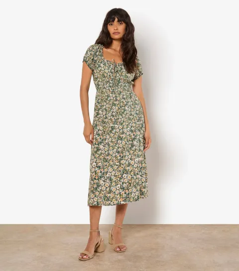 Light Khaki Floral Milkmaid Midi Dress