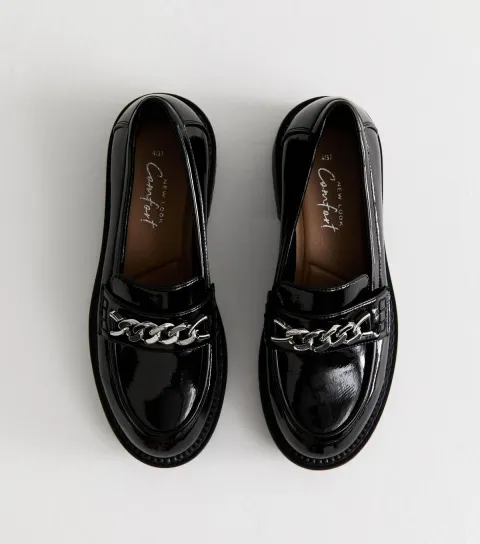 Black Faux Patent Leather Chain Trim Chunky Sole Loafers Vegan