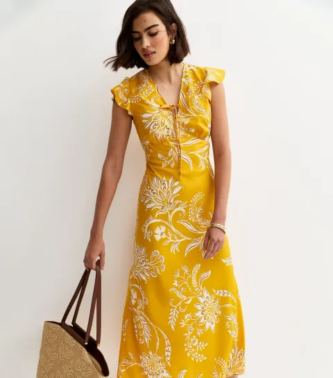Yellow Floral Flutter Sleeve Midi Dress
