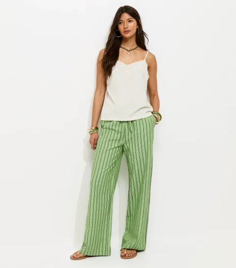 Green With Cotton Striped Wide Leg Trousers