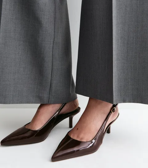 Wide Fit Dark Brown Patent Faux Leather Slingback Pumps Vegan