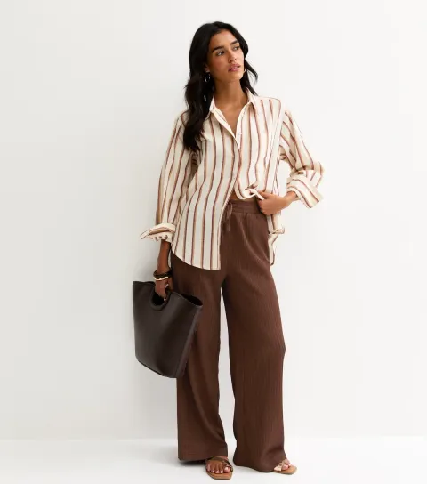 Brown Textured Jersey Wide Leg Trousers