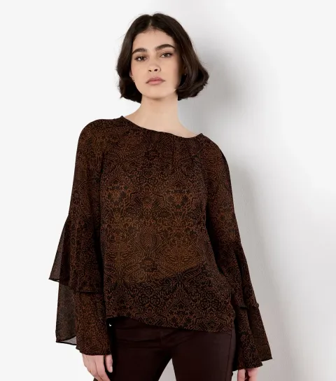 Rust Paisley Print Ruffle Sleeve Blouse