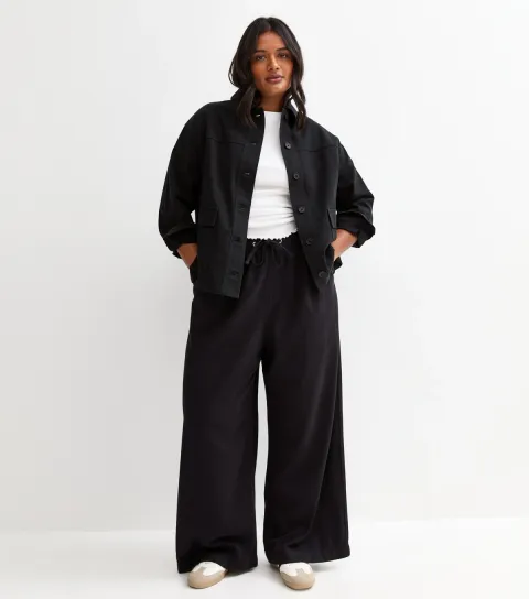 Plus Size Black Cotton Twill Wide Leg Trousers Curves
