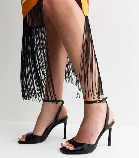 Black Patent Faux Leather Open Toe Stiletto Sandals Vegan