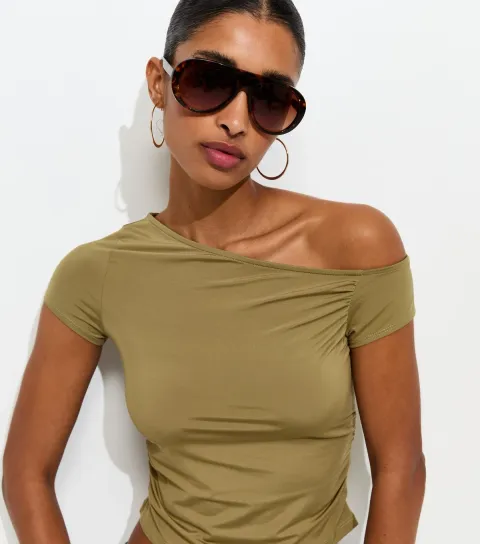 Light Khaki Slinky Off Shoulder Gathered Side Top