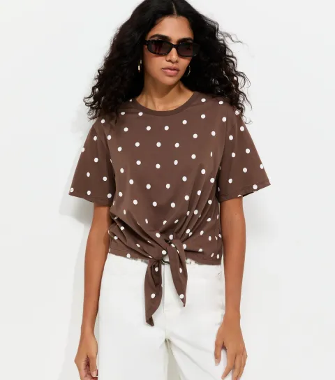 Brown Cotton Spot Print Tie Front T-Shirt