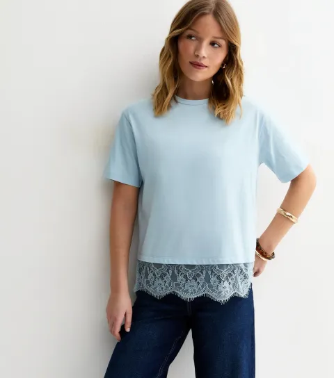 Light Blue Lace Hem Boxy T-Shirt