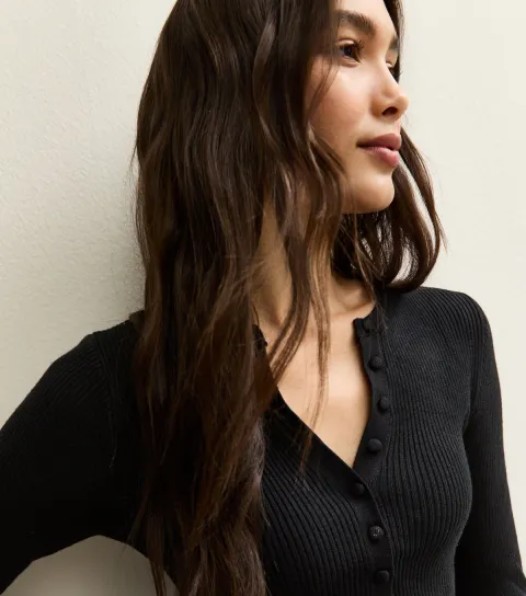 Black Ribbed Knit Long Sleeve Button Up Jumper