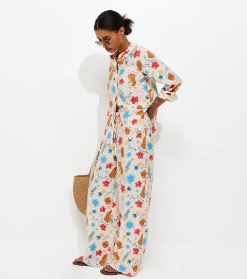 Cream Animal Flower Print Wide Leg Trousers
