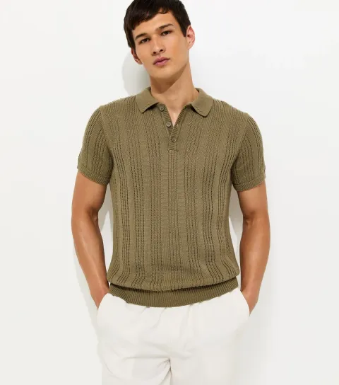 Khaki Regular Rib Knit Striped Polo Shirt