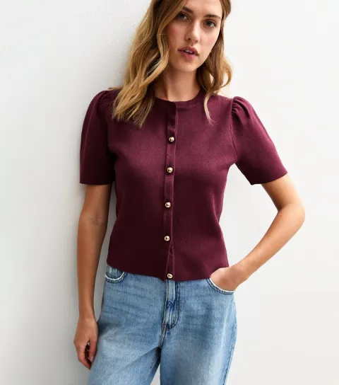 Burgundy Short Sleeve Crew Neck Cardigan