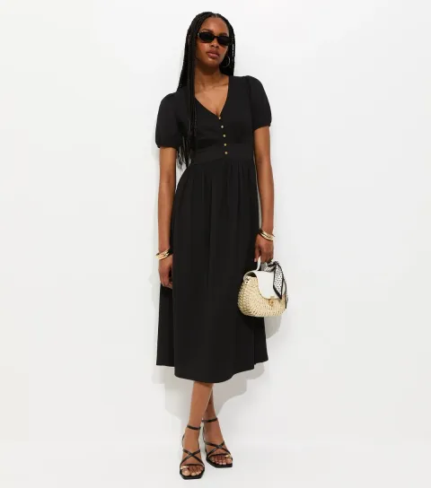 Black Crinkle Short Sleeve Midi Dress