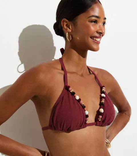 Burgundy Premium Beaded Edge Triangle Bikini Top