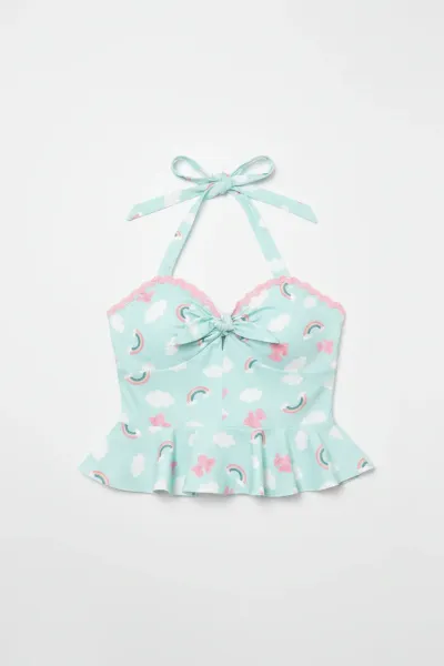 Unique Vintage Aqua & Rainbow Print Peplum Halter Top