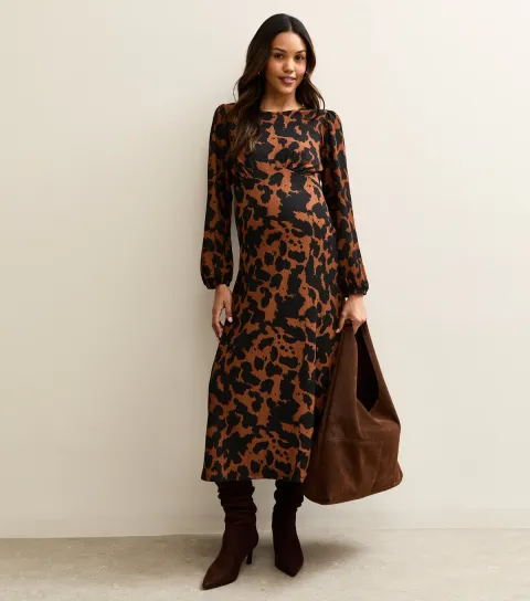 Maternity Brown Animal Print Midi Dress