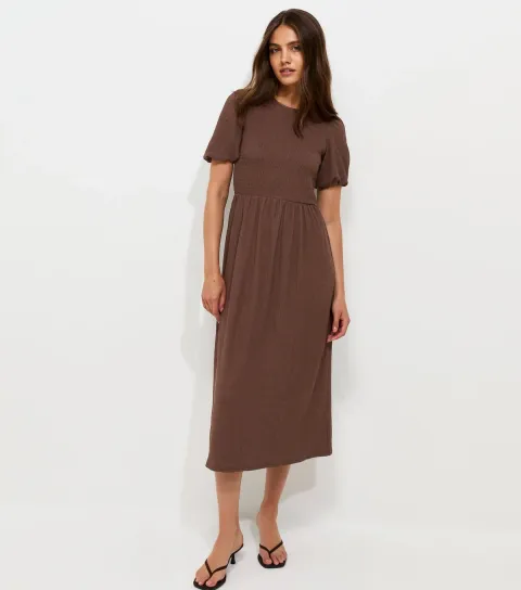 Dark Brown Shirred Bodice Textured Midi Dress