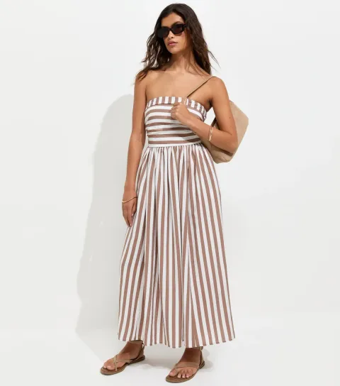 Brown Striped Bandeau Midi Dress
