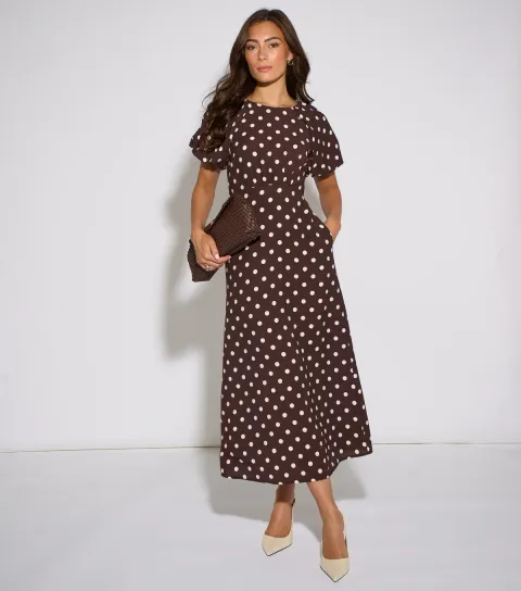 Brown Spot Print Puff Sleeve Midi Dress