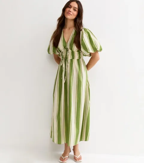 Petite Green Stripes Puff Sleeve Midi Dress