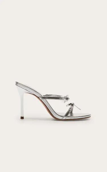 Silver Pu Round Toe Bow Strap High Stiletto Heeled Mules