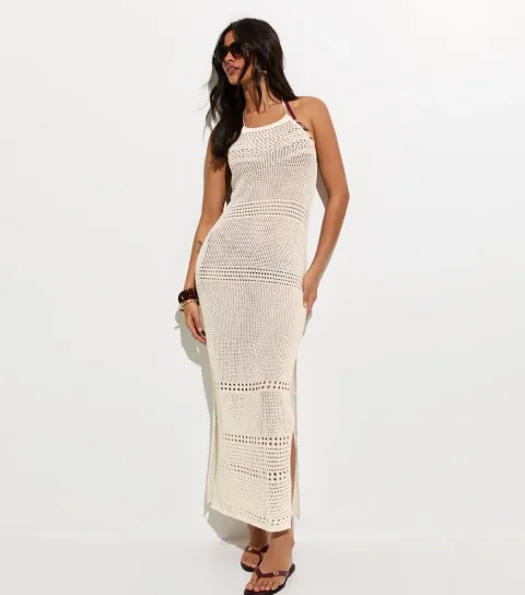 Cream Crochet Halter Neck Beach Maxi Dress