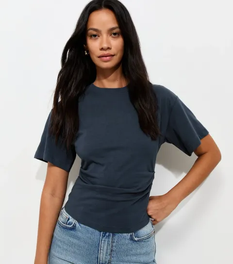 Navy Ruched Waist Crew Neck T-Shirt