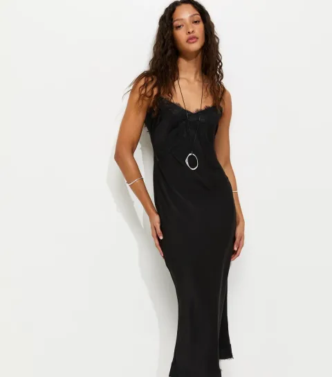 Black Lace Trimmed Satin Midi Dress