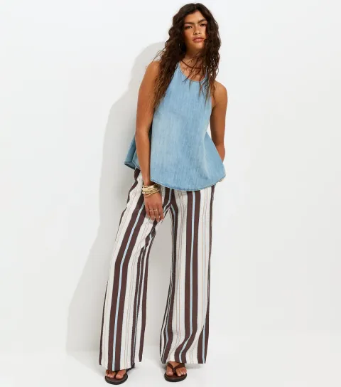Blue Crinkle Texture Striped Wide Leg Trousers