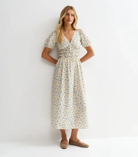 Cream Floral Ruched Waist Midi Dress