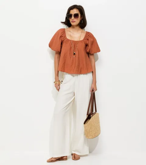 Rust Square Neck Puff Sleeve Blouse